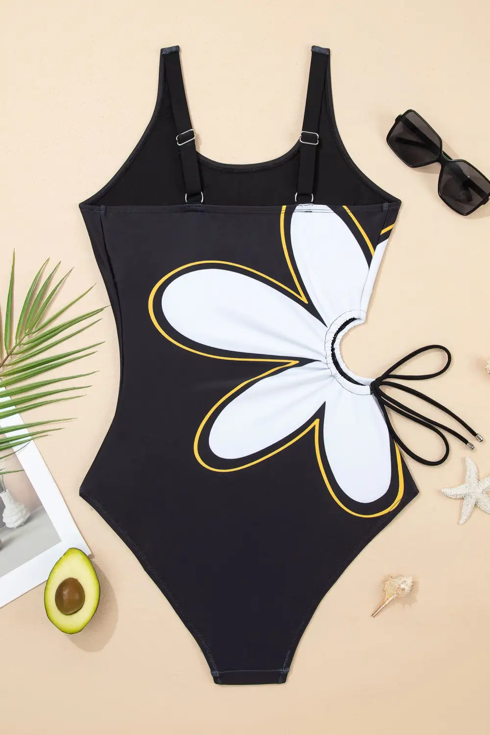 Drawstring Big Hole Floral One Piece Swimsuit
