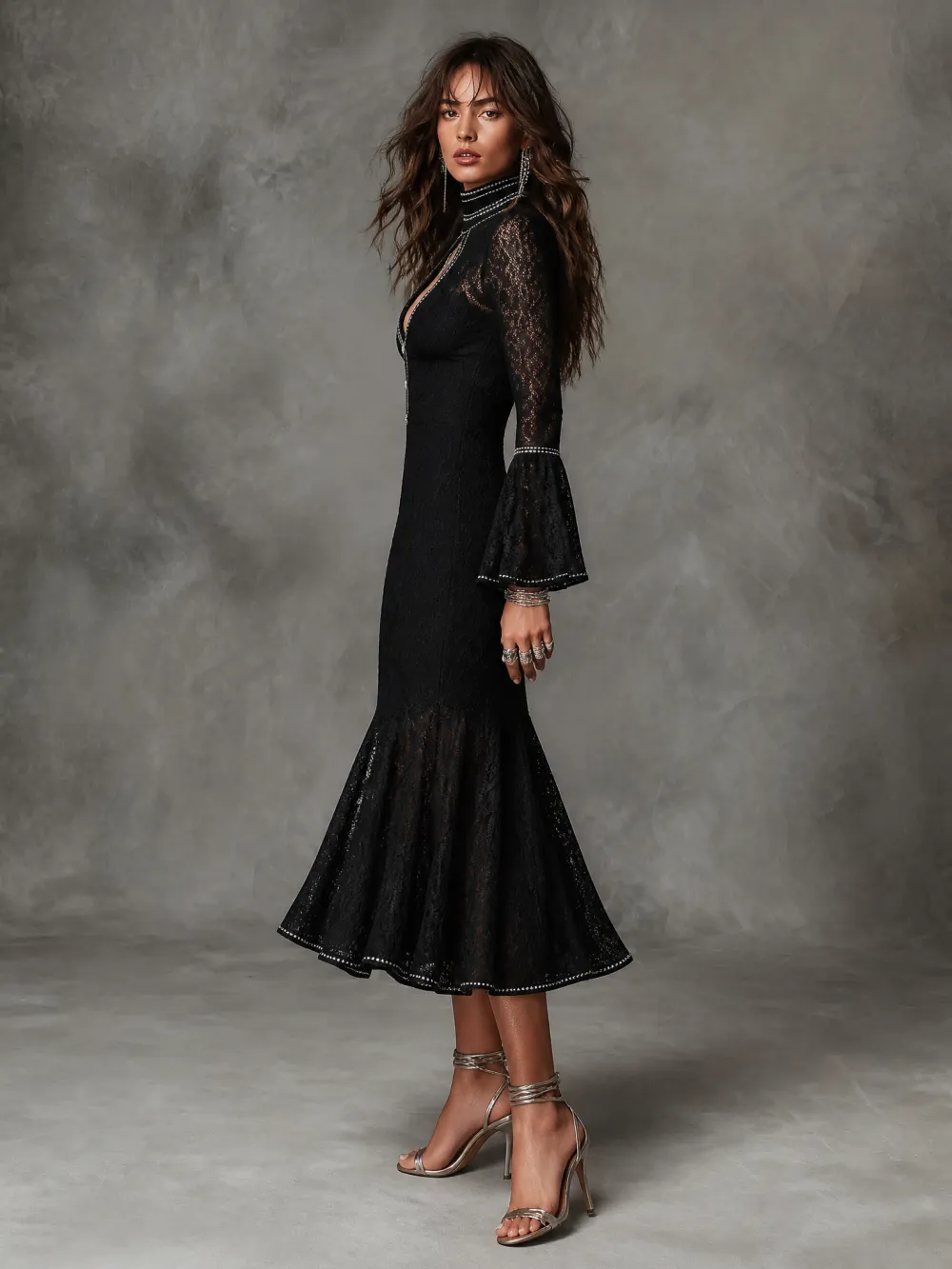 Vintage High Neck Cutout Long Bell Sleeve Silver Rhinestone Piping Black Floral Lace Mermaid Midi Dress