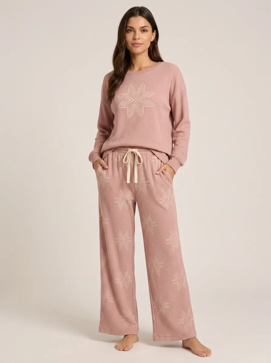 Women's Boho Star Pattern Waffle Knit Printed Lounge Pants