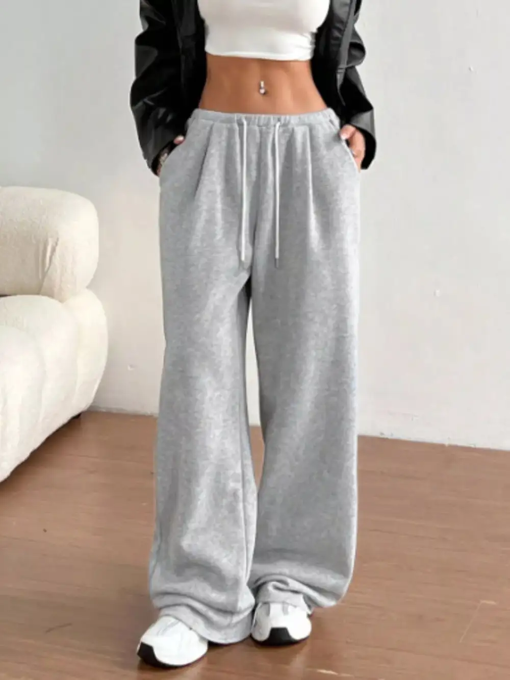 High Waist Drawstring Wide Leg Pocketed Casual Joggers