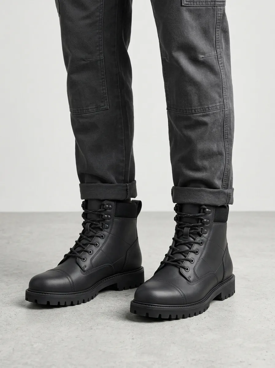 Unisex Minimalist Lace-Up Print Work Boots