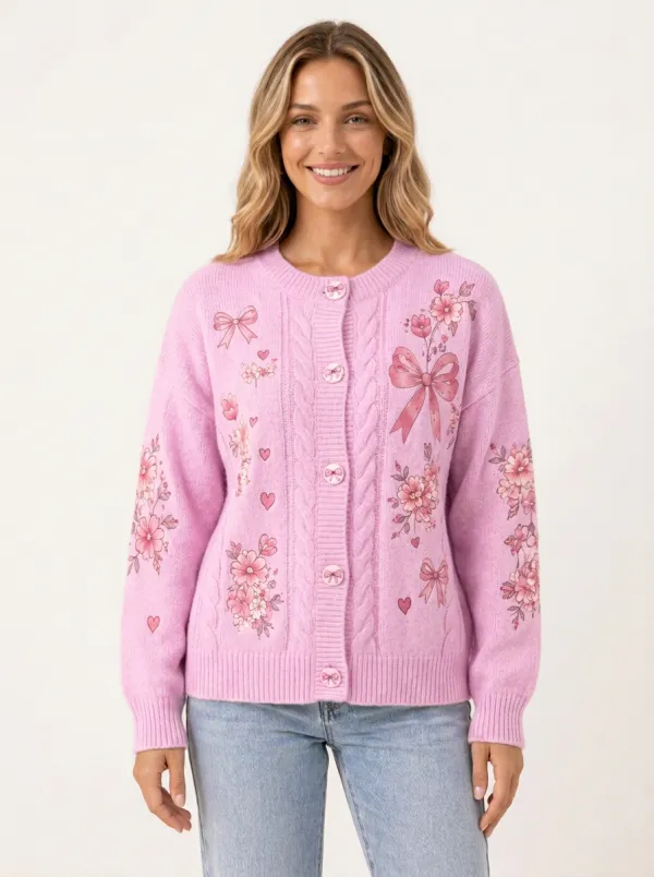 Women's Romantic Floral Heart Ribbon Bow Printed Cardigan