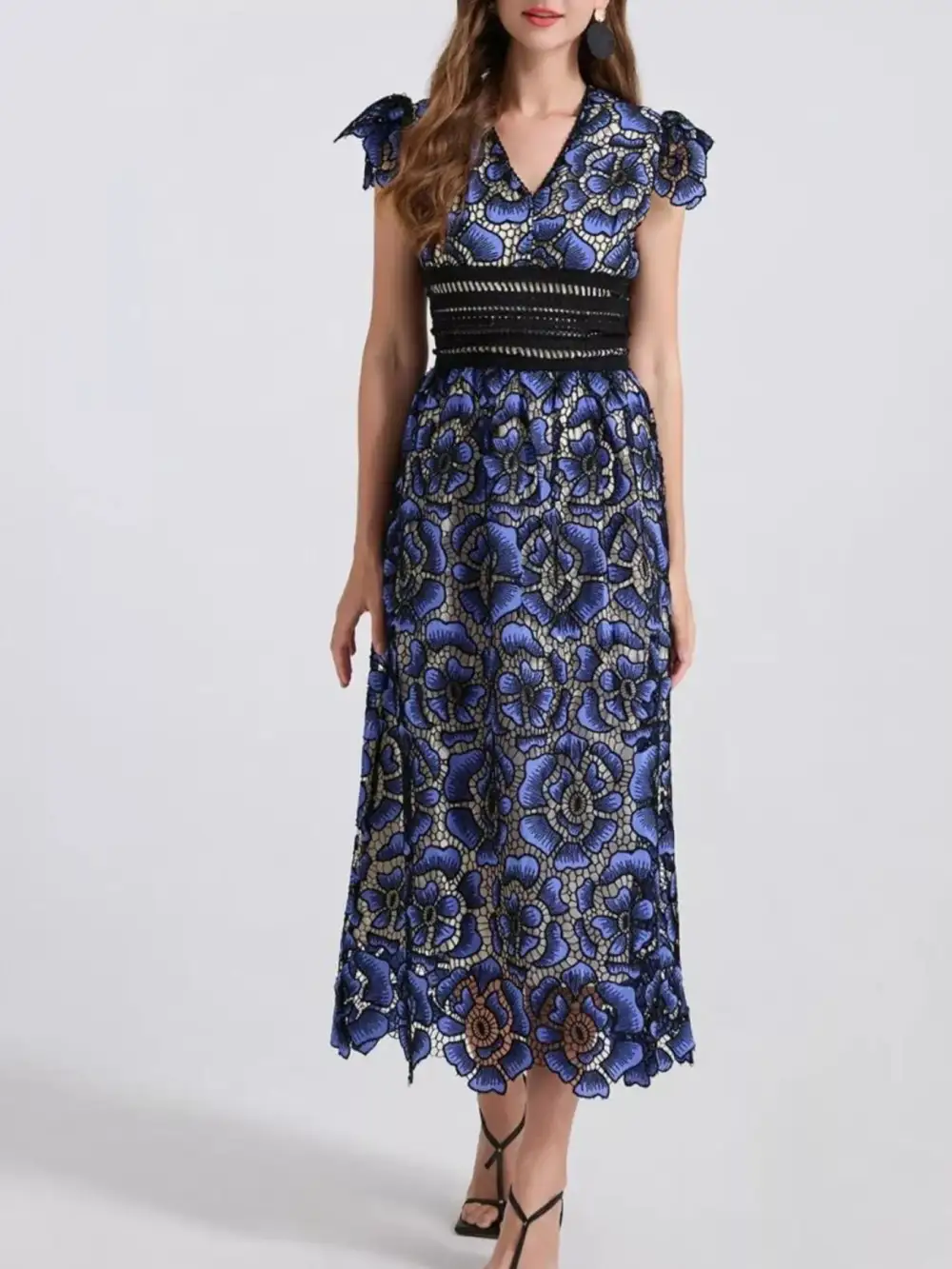 V-Neck Ruffle Sleeve Midi Dress