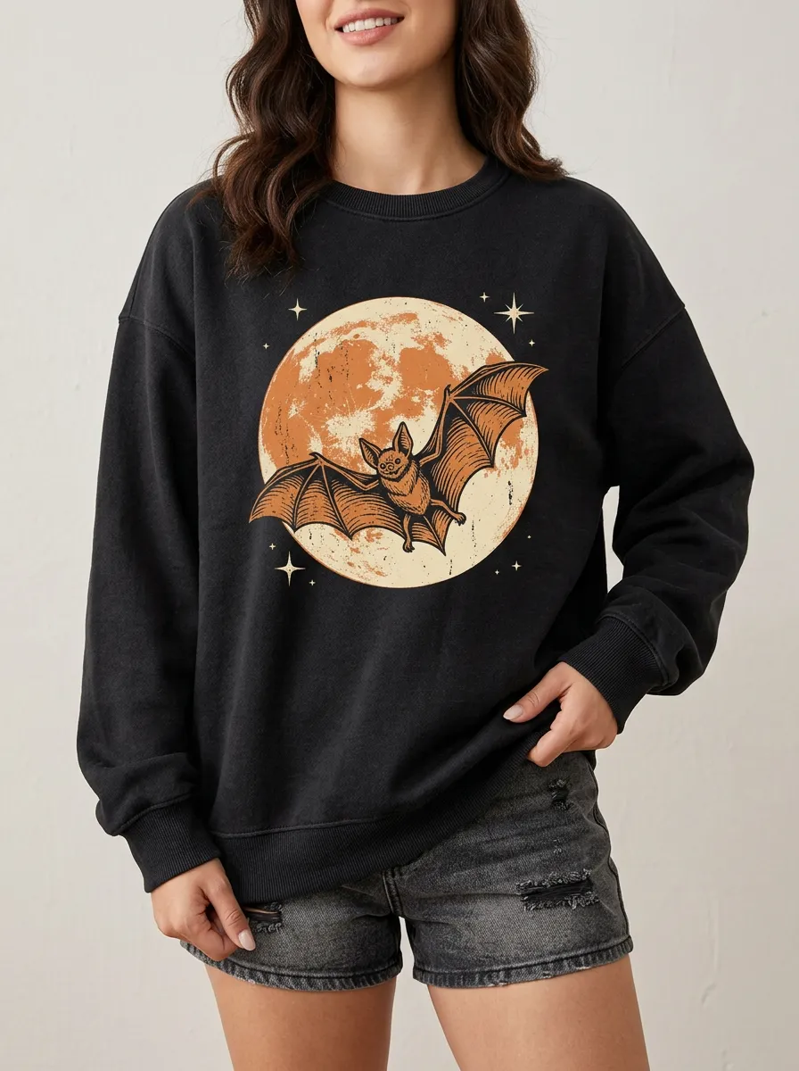 Women's Halloween Bat Moon Printed Sweatshirt