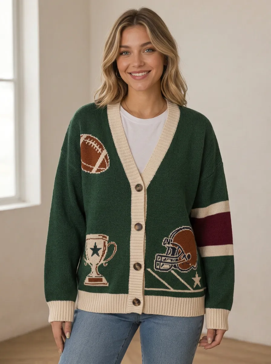 Women's Football Forest Green Graphic Intarsia Knit Cardigan