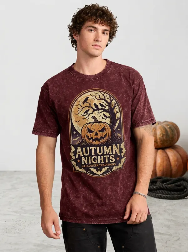 Men's Halloween Autumn Nights Pumpkin Crow Printed T-shirt