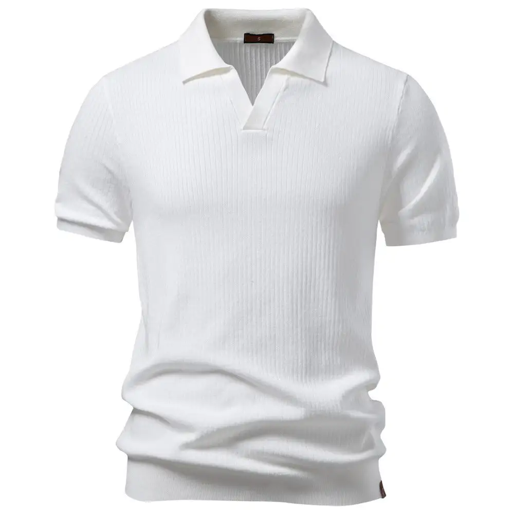 Ribbed Spread Collar Short Sleeve Polo Shirt