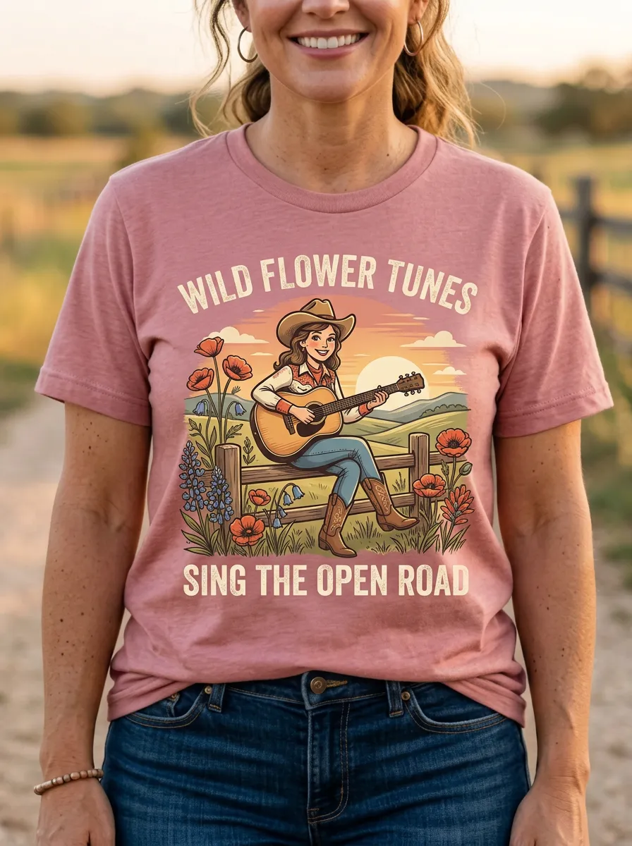 Nashville-Inspired Guitar Wildflower Country Music Crewneck T-Shirt