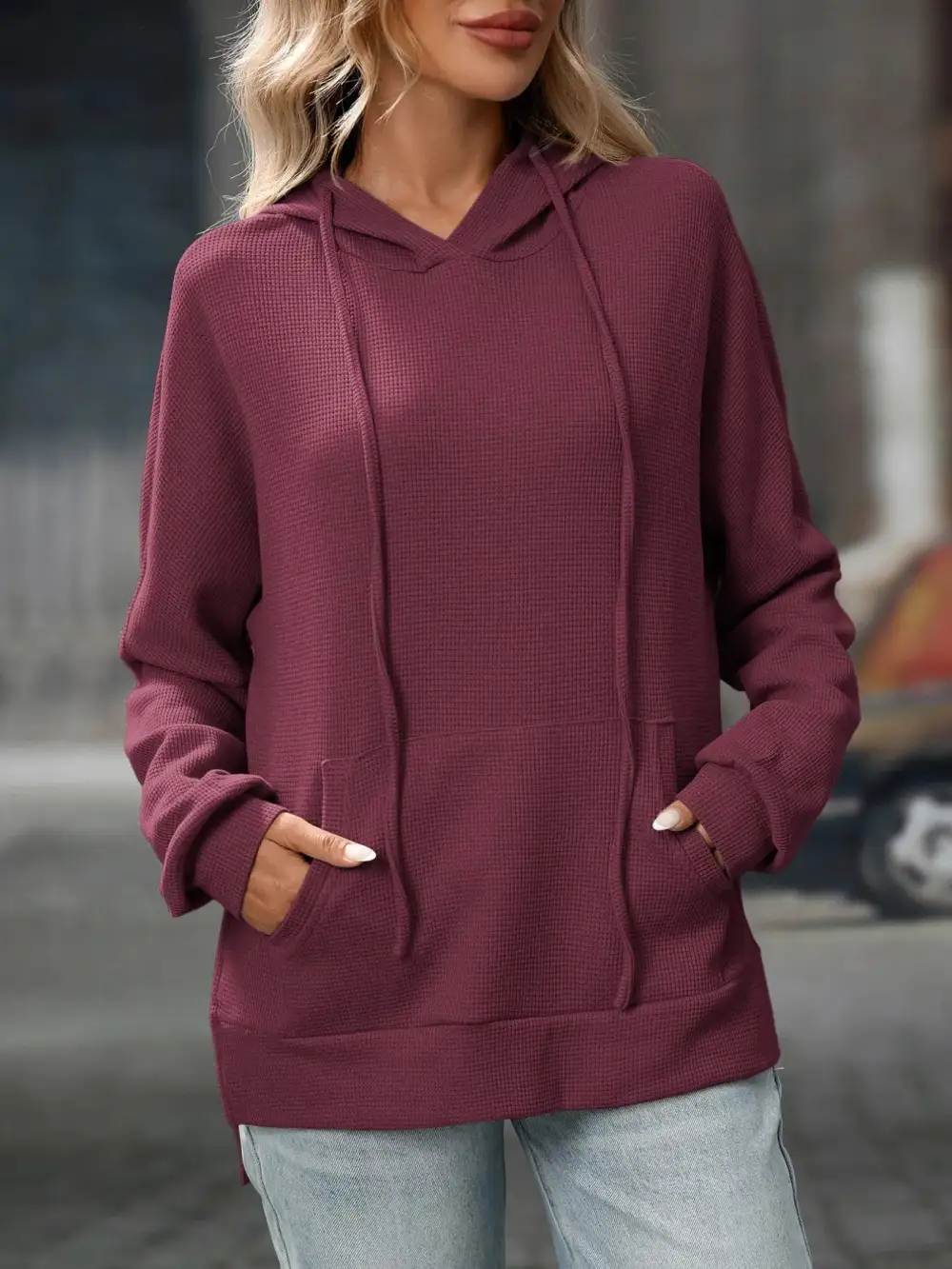 Refined Drawstring Pocketed Long-Sleeve Textured Hoodie