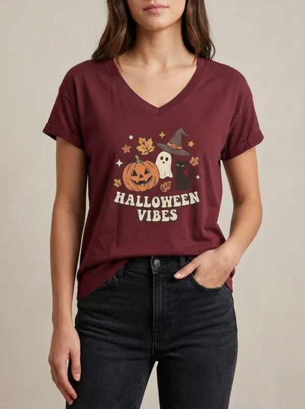 Women's Halloween Vibes Pumpkin Ghost Cat Printed V-neck T-shirt