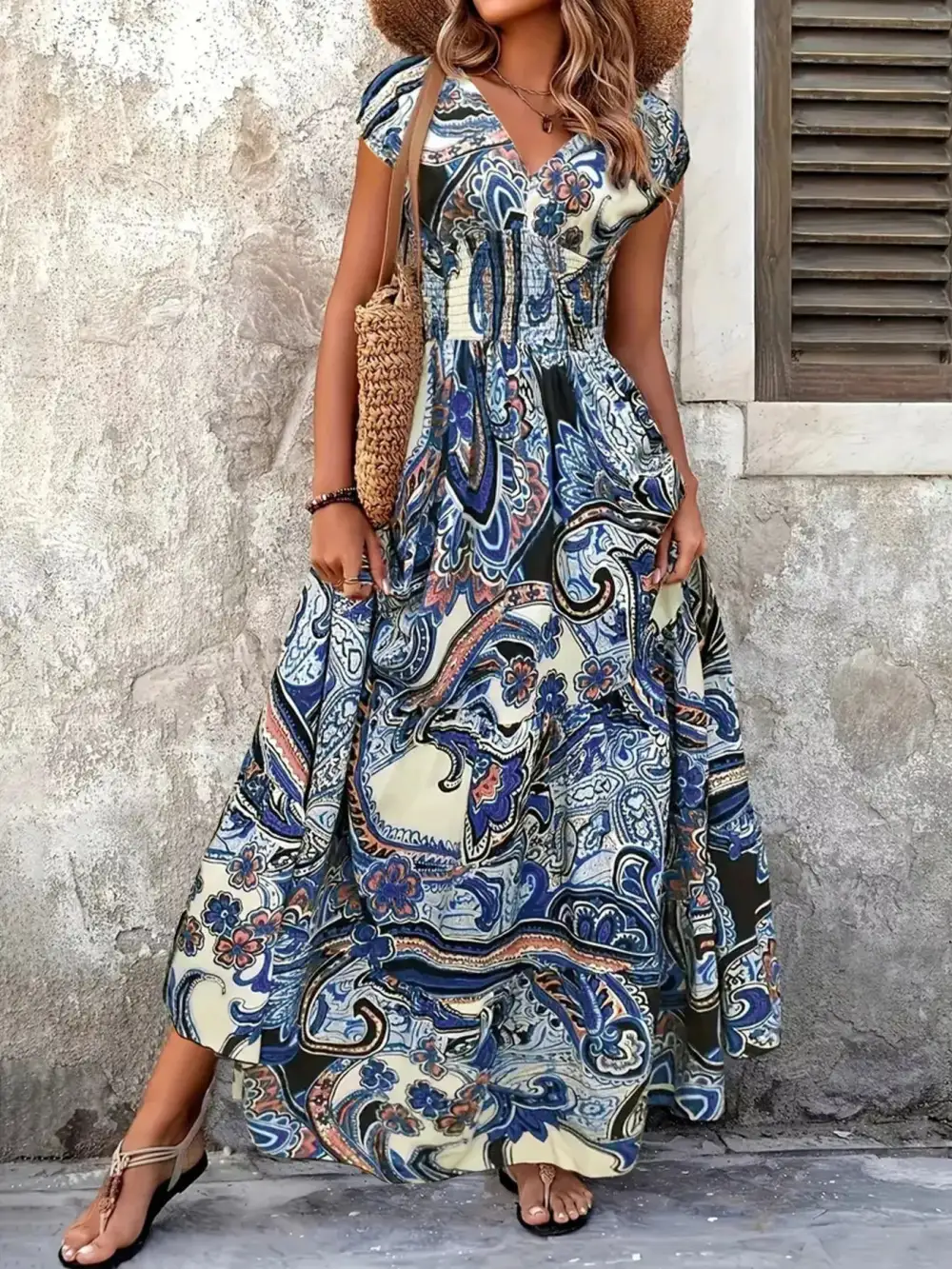 Plus Size Floral V Neck Cap Sleeve Maxi Dress