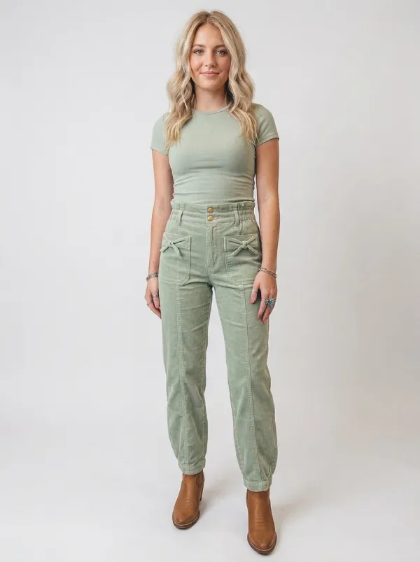 Women's Western Style Sage Green Corduroy Bow Pocket Pants