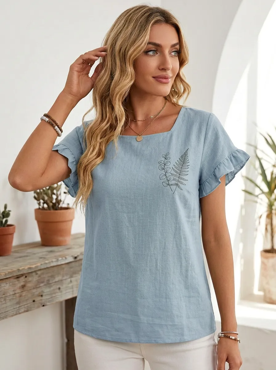 Women's Botanical Nature Lover Fern Leaf Printed Ruffle Sleeve Top