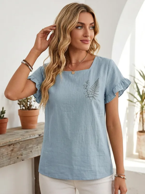 Women's Botanical Nature Lover Fern Leaf Printed Ruffle Sleeve Top