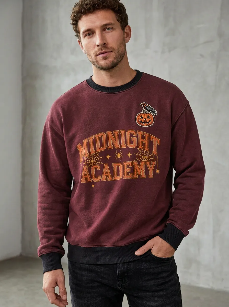 Men's Halloween Midnight Academy Pumpkin Raven Sweatshirt