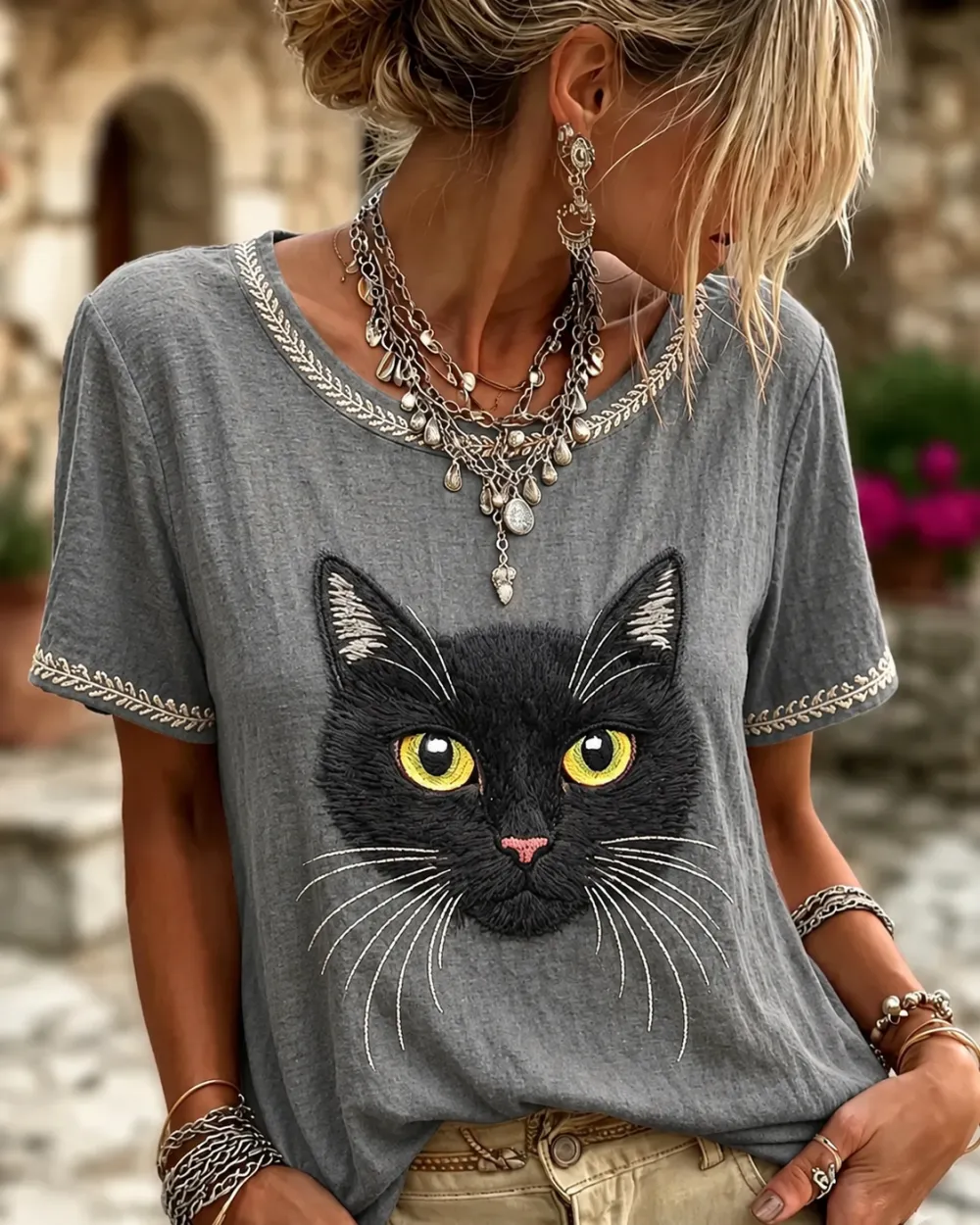 Women's Vintage Black Cat Face Art Linen Round Neck Short Sleeves Top