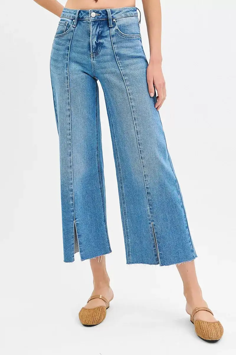 Tummy Control Mid Rise Crop Wide Front Slit Jeans