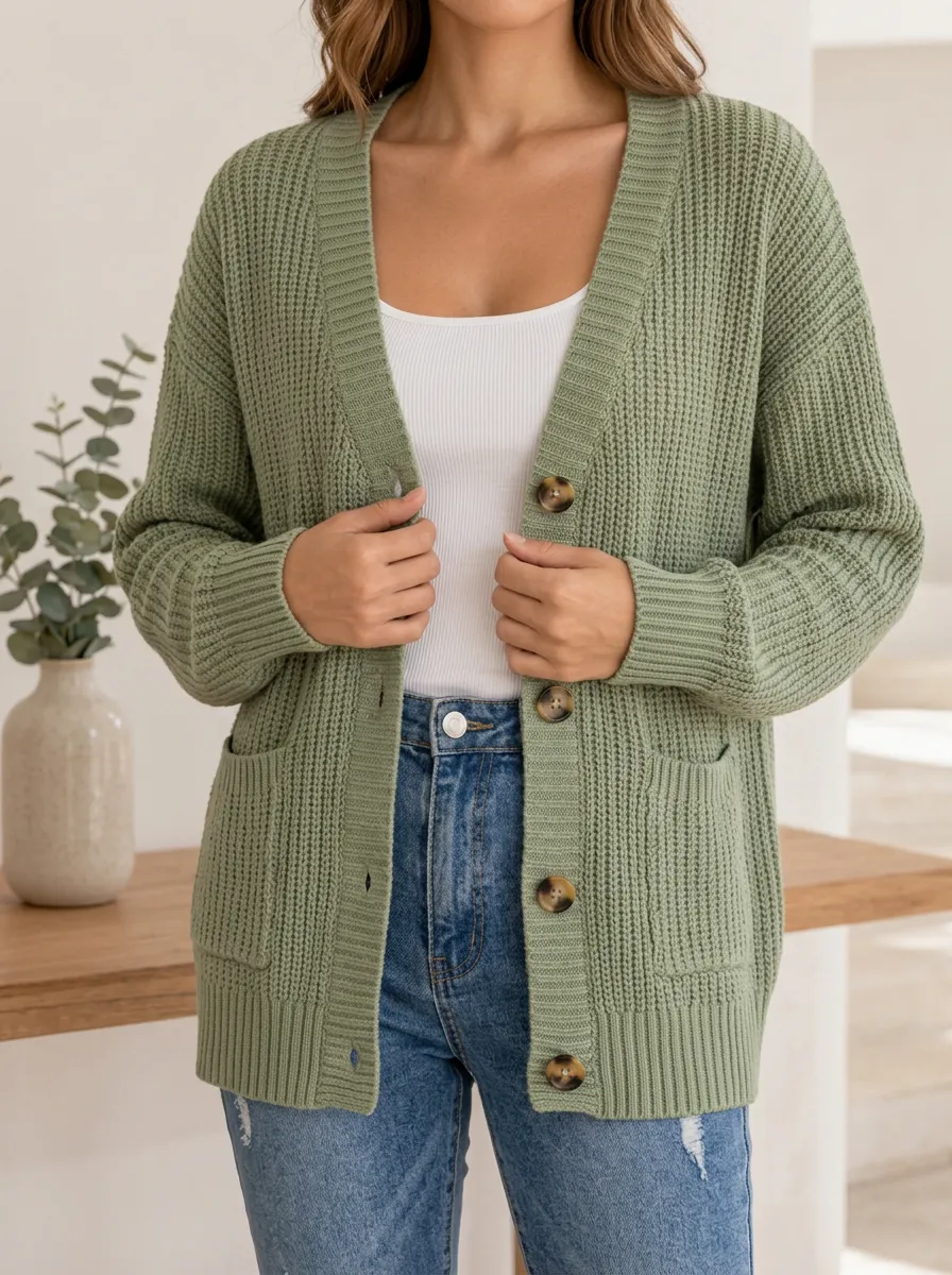 Women's Everyday Waffle Knit Button Front V Neck Cardigan