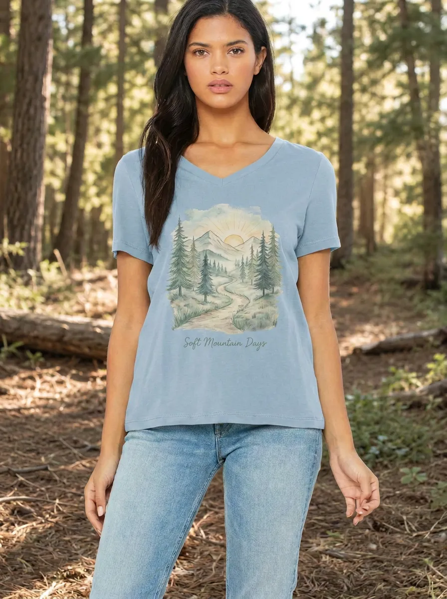 Women's Nature Lover Mountain Forest Landscape Printed V-neck T-shirt