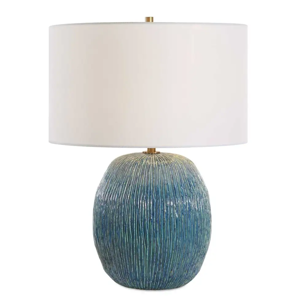 Organic Textured Drum Shade Ceramic Metal Table Lamp