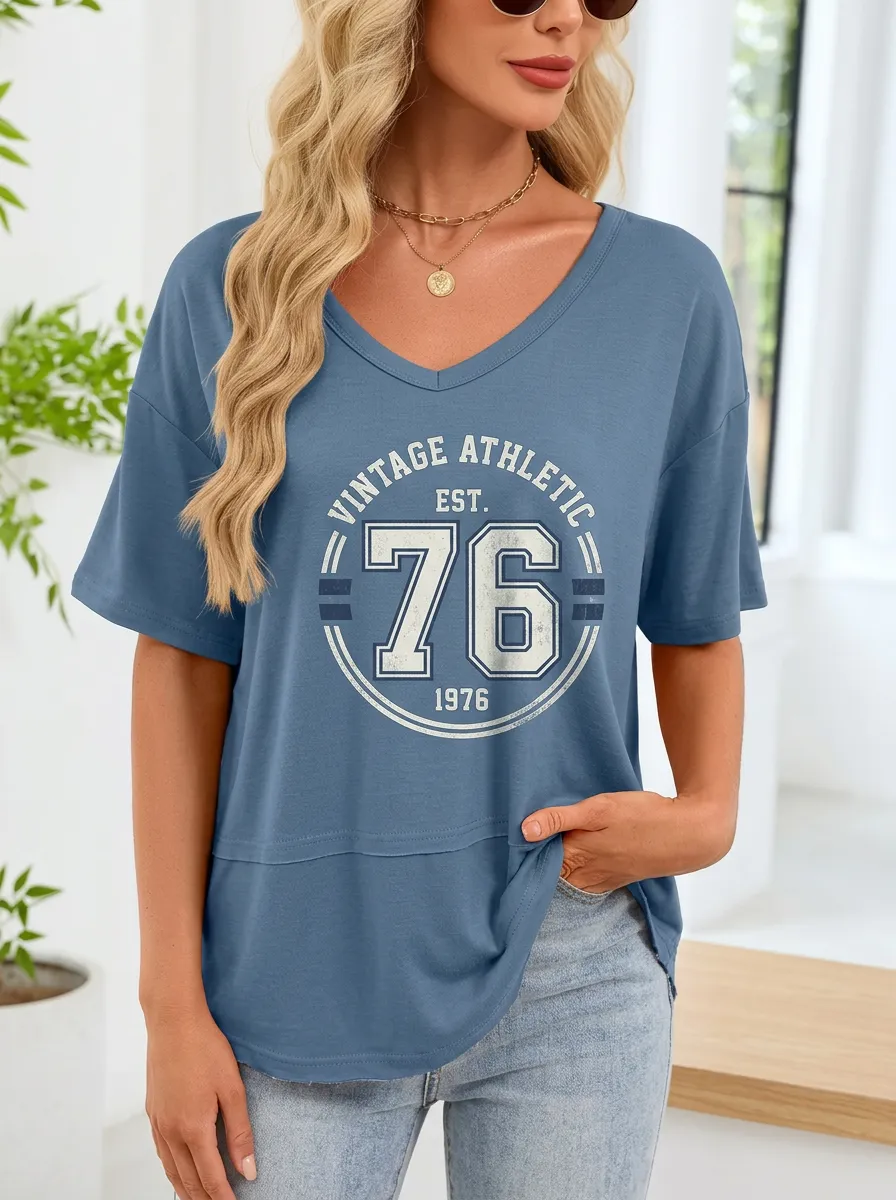 Women's Vintage Athletic 76 Number Graphic Printed T-shirt