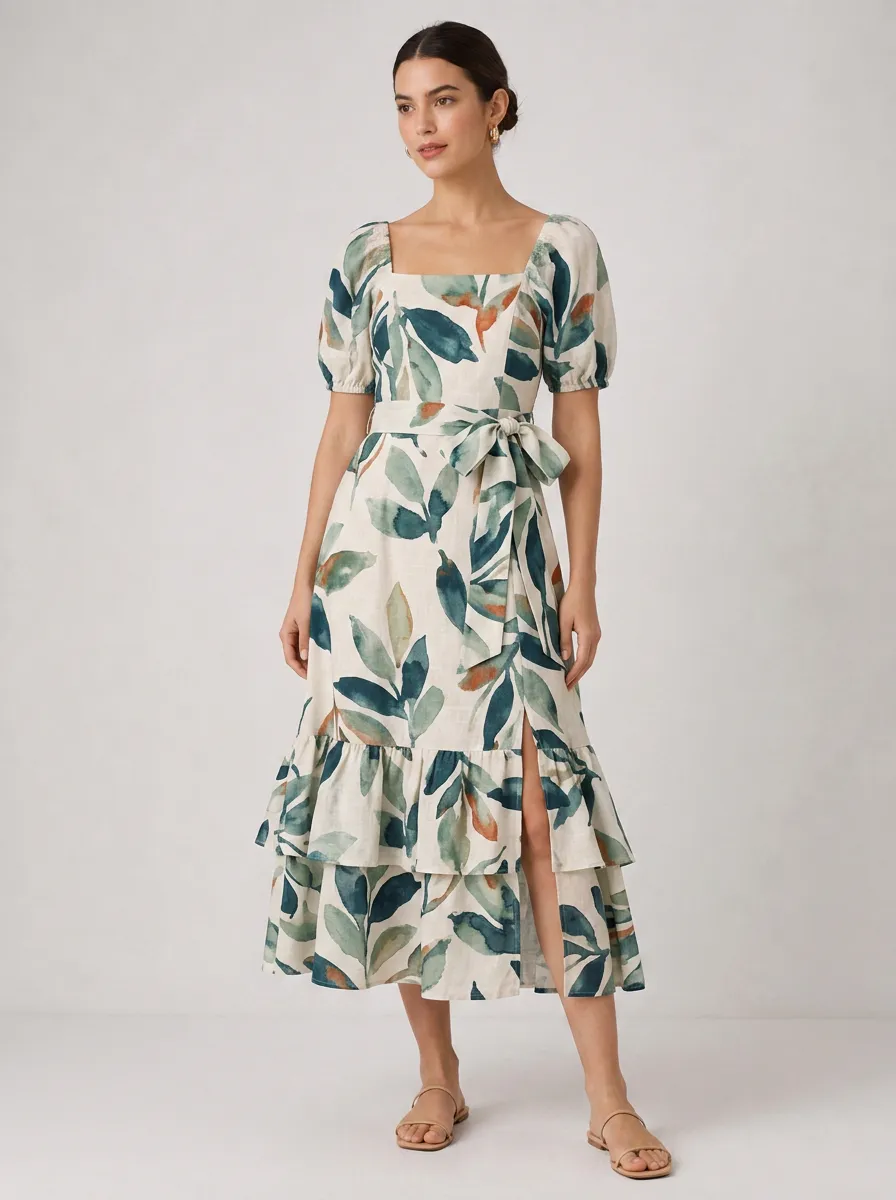 Women's Botanical Nature Lover Watercolor Leaf Printed Midi Dress