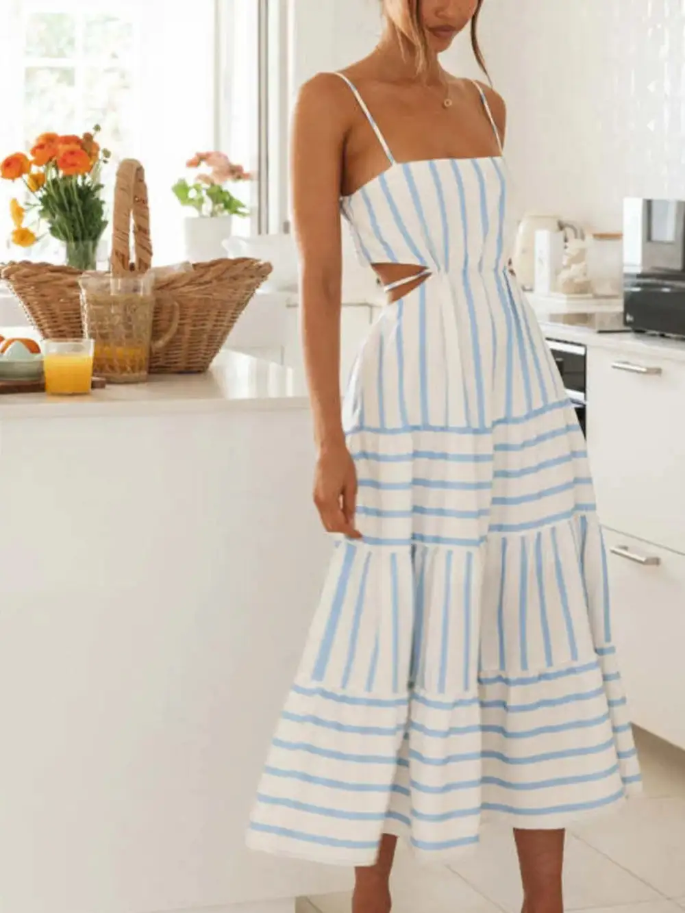 Tiered Striped Midi Dress