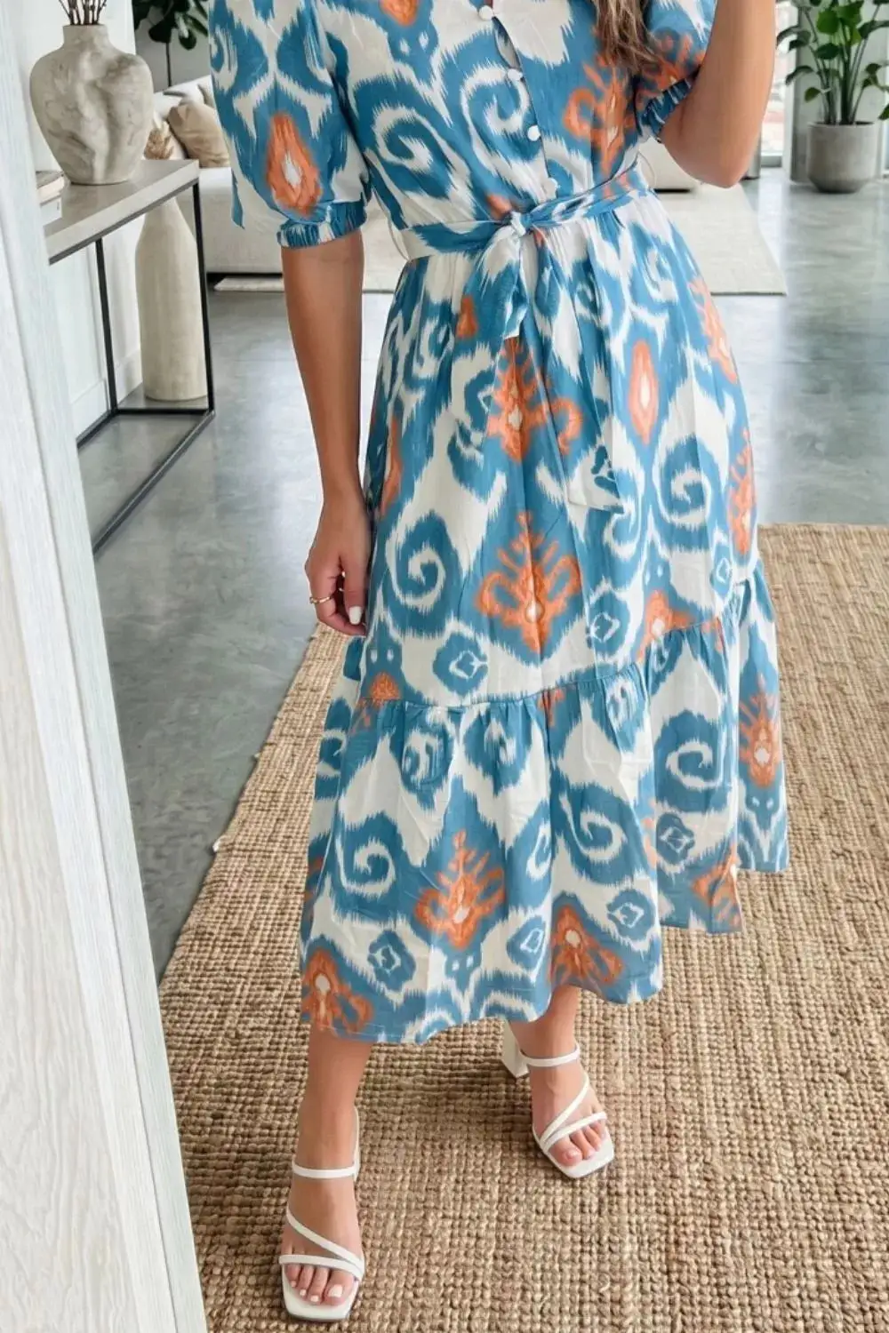 Short Puff Sleeve Button Down Ruffle Hem Midi Dress
