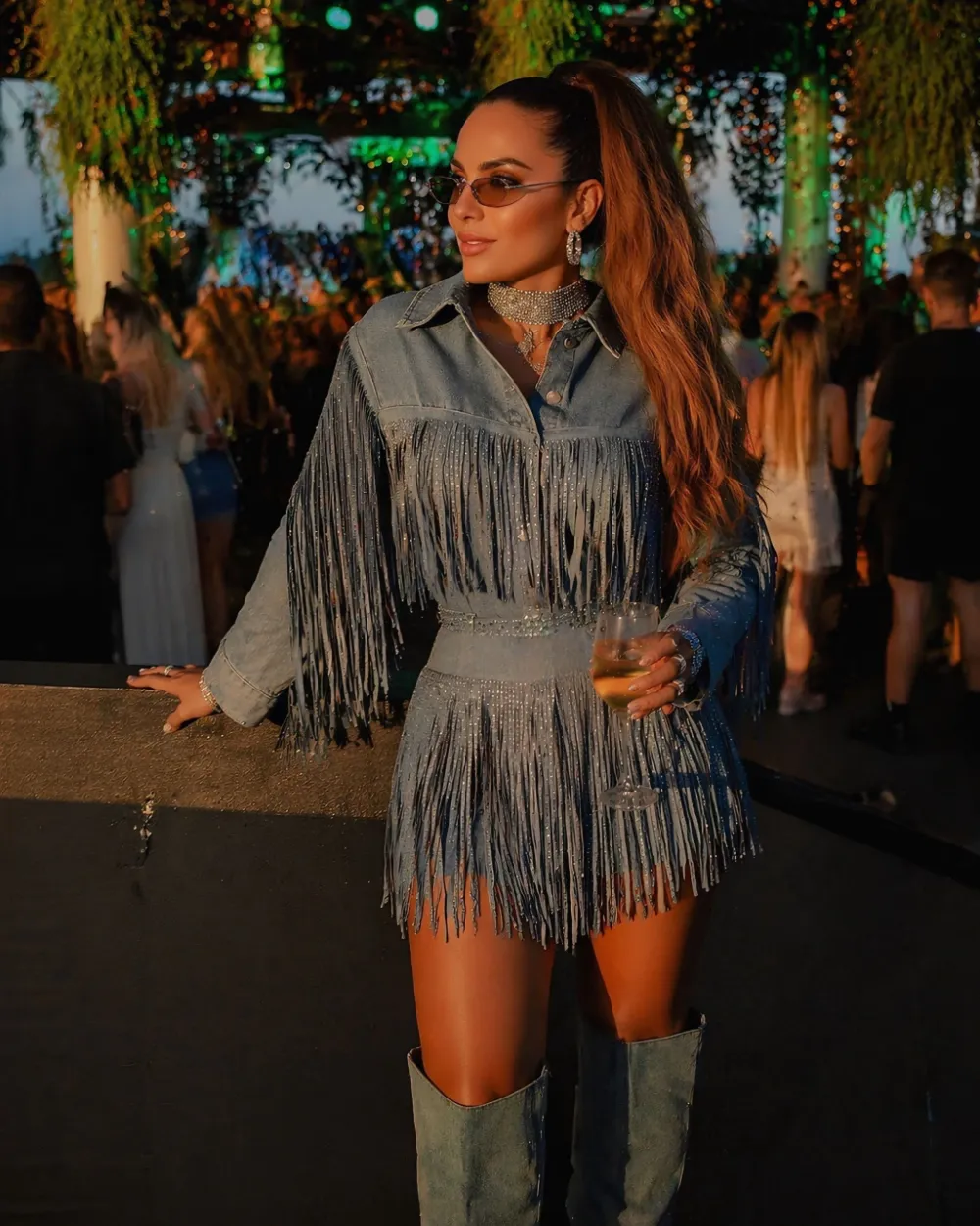 Charlene Rhinestone Fringe Denim Two-Piece Set