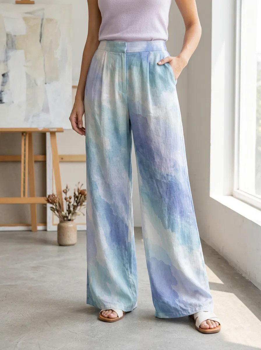 Women's Modern Blue Watercolor Abstract Printed Wide Leg Pants
