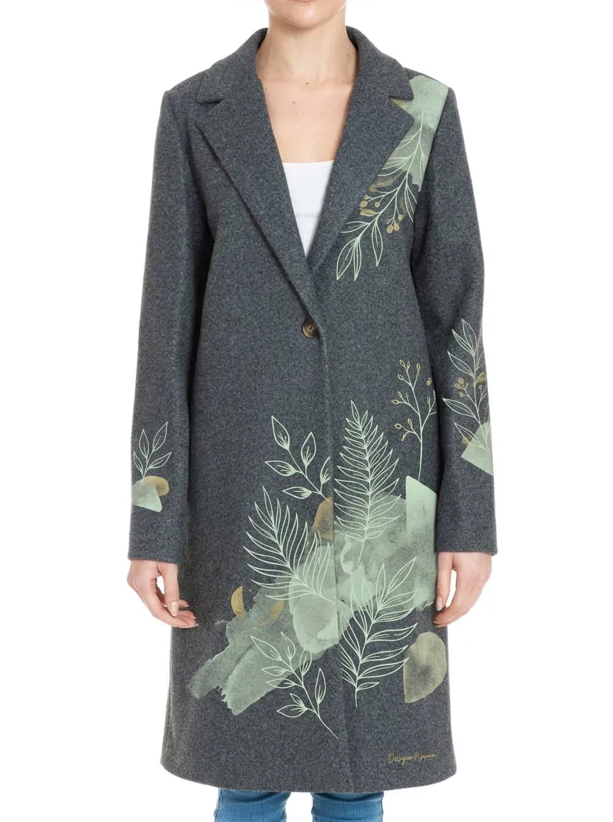 Women's Botanical Nature Lover Fern Leaf Printed Wool Coat