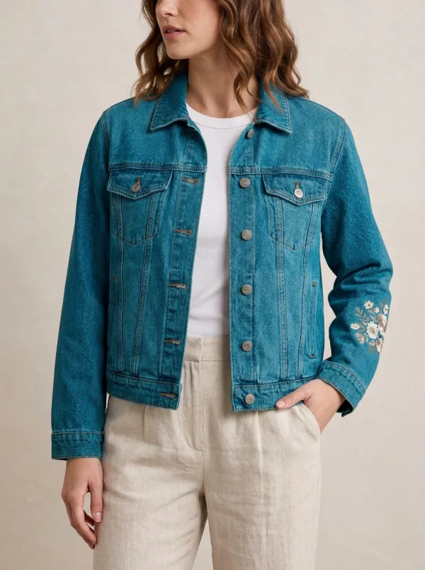 Women's Floral Sleeve Embroidered Denim Jacket