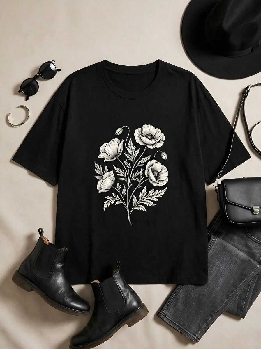 Unisex Botanical Nature Lover Poppy Flower Printed T-shirt