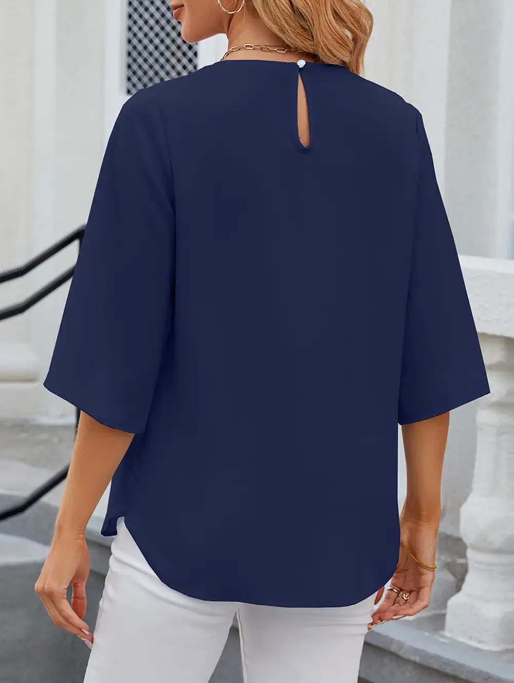 Chiffon Crew Neck Half Sleeve Blouse