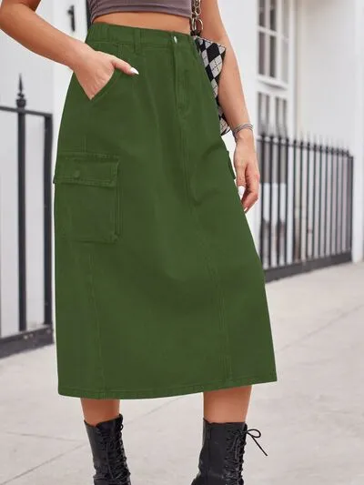 Relaxed Slit Buttoned Denim Pockets Skirt