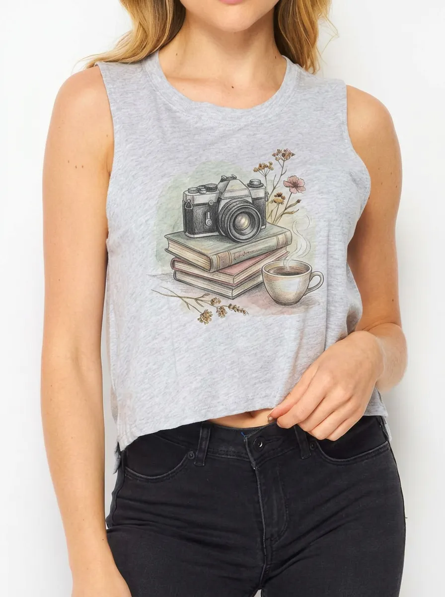 Women's Photography Book Coffee Lover Printed Crop Tank Top