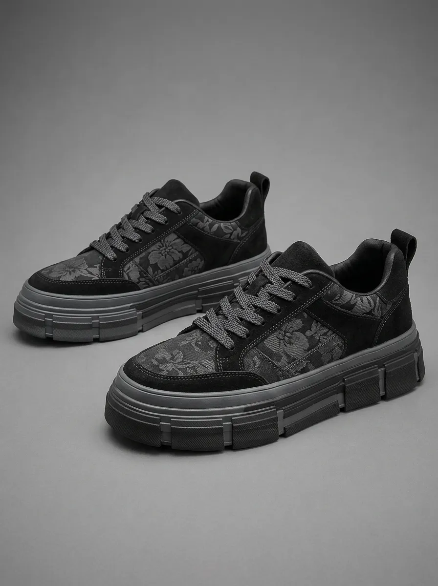 Men's Black Floral Pattern Suede Printed Sneakers