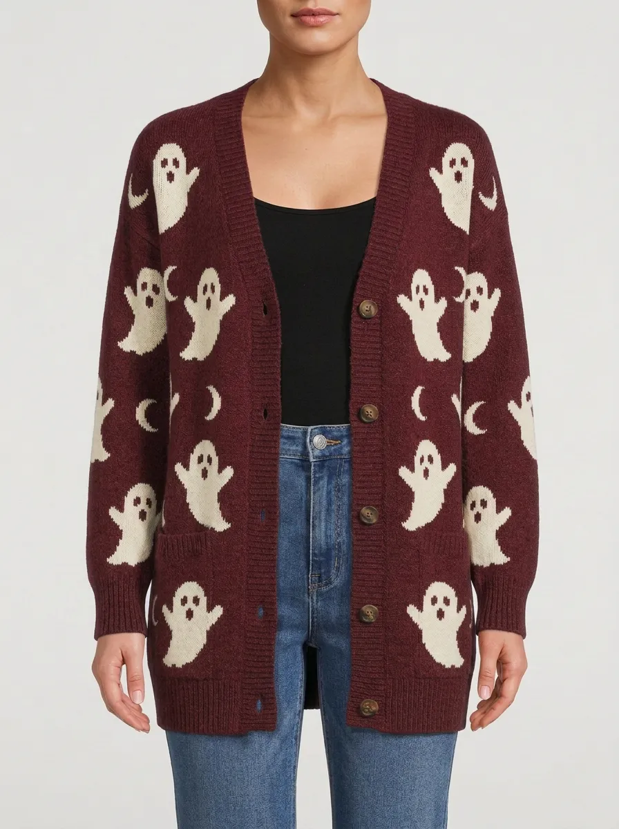 Women's Afterdark Halloween Ghost Moon Knit Cardigan