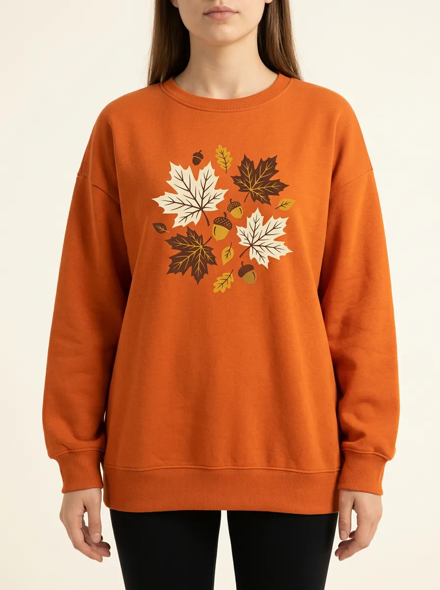 Classic Pattern Maple-Leaf Printed Acorn Graphic Sweatshirt