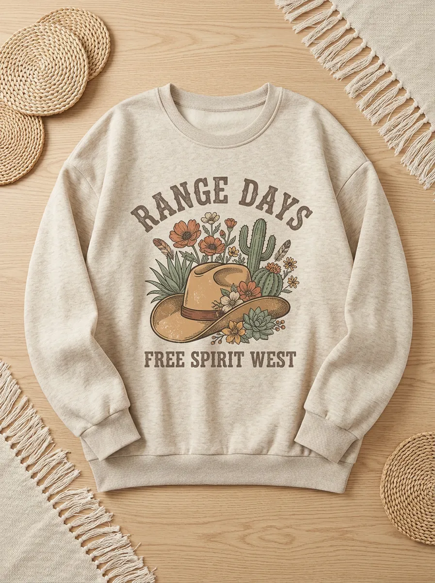 Women's Western Cowboy Hat Floral Cactus Printed Sweatshirt