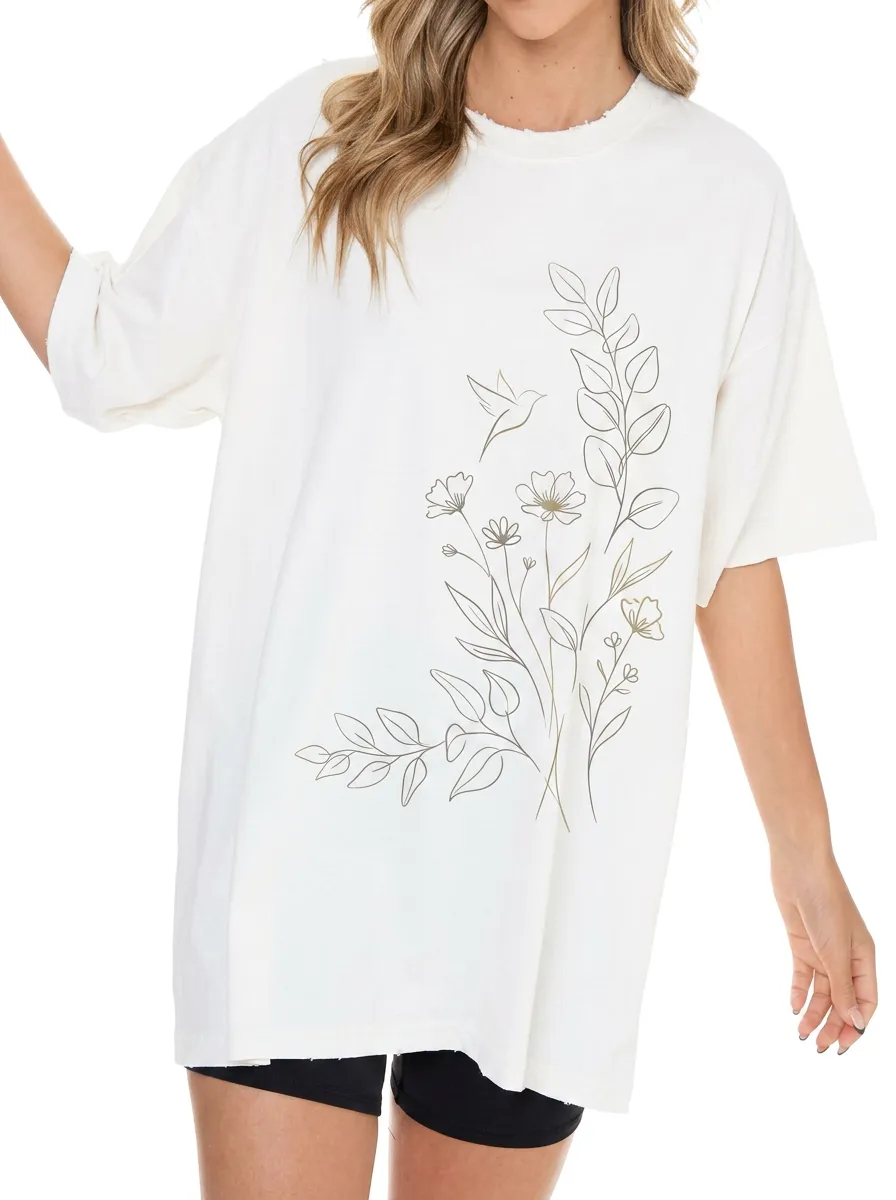 Women's Nature Lover Hummingbird Floral Line Art Printed T-shirt