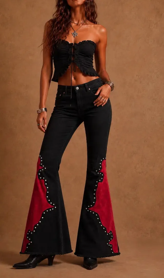 Flare Studded Detail Western Style Everyday Denim Jeans