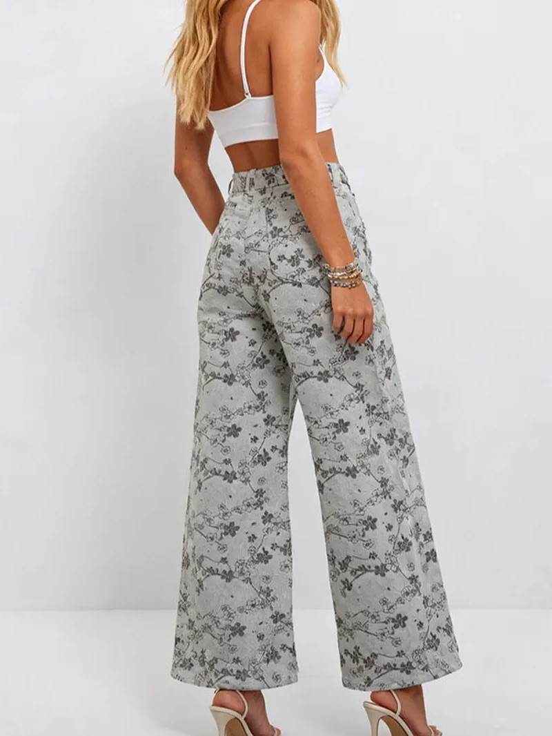 Rhinestone Jacquard Jeans Button Waist Wide Leg Denim Pants