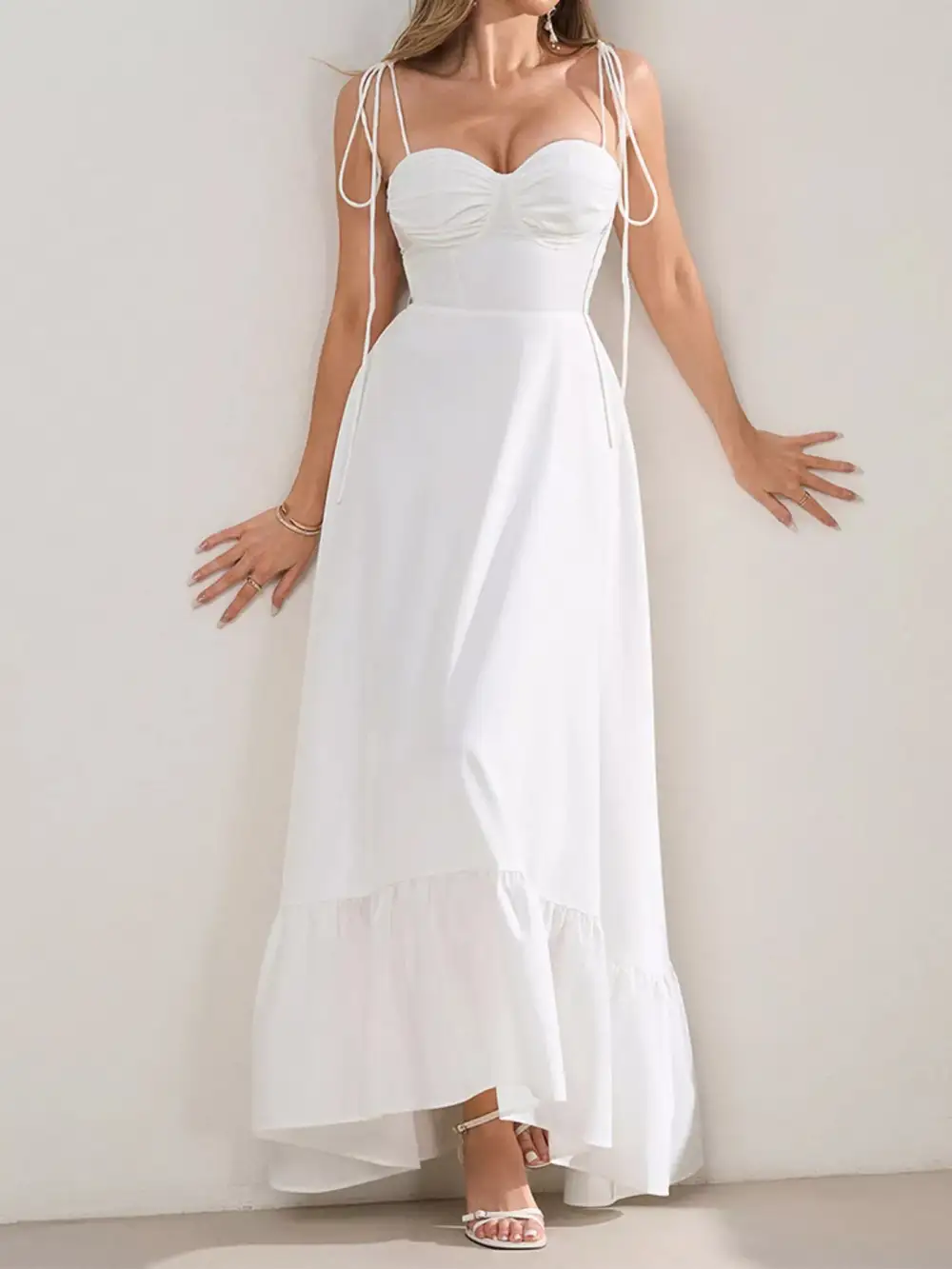 Sweetheart Neck Tie Strap Ruffle Hem Maxi Dress
