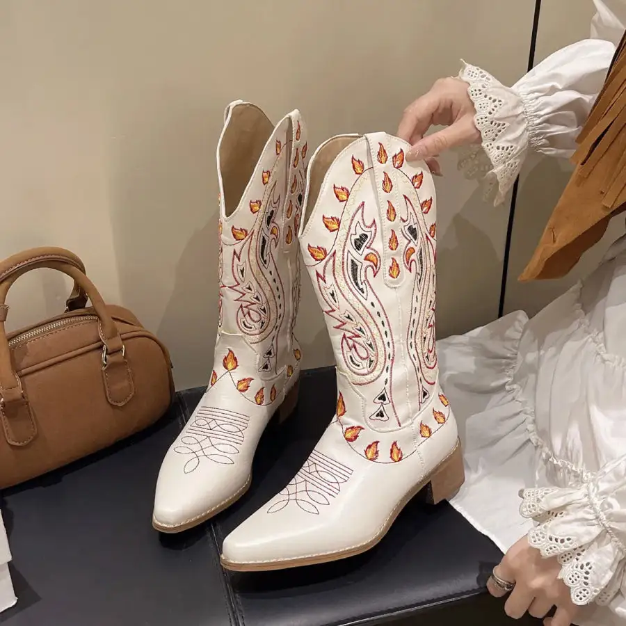 Polished Flowy Point Toe Block Heels Boots