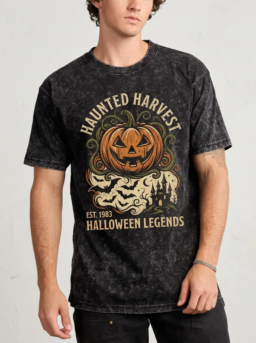 Men's Halloween Haunted Harvest Pumpkin Castle Printed T-shirt