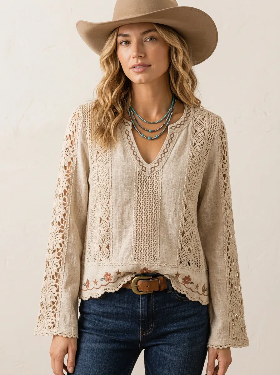 Women's Western Boho Floral Embroidered Crochet Lace Top