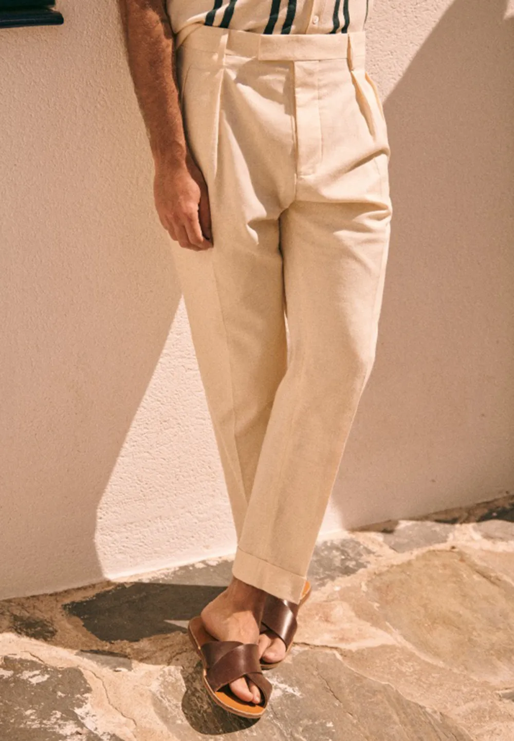 Ecru Pleated High Waist Cropped Trousers