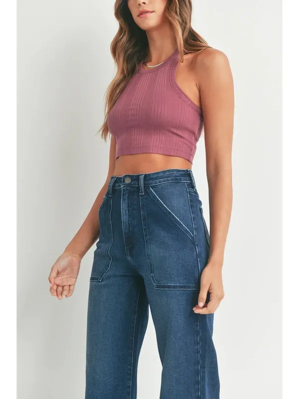 Blue Cotton Blend Wide Leg High Rise Jeans