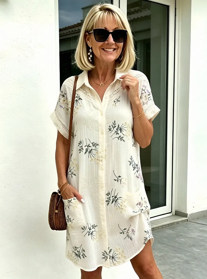 Women's Summer Vacation White Floral Beige Printed Dress